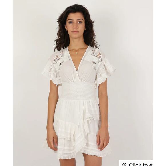 Iro Dress 6 Mapple Smocked Ruffle Mini Lace White Boho Chic Feminine Flowy - Picture 3 of 13